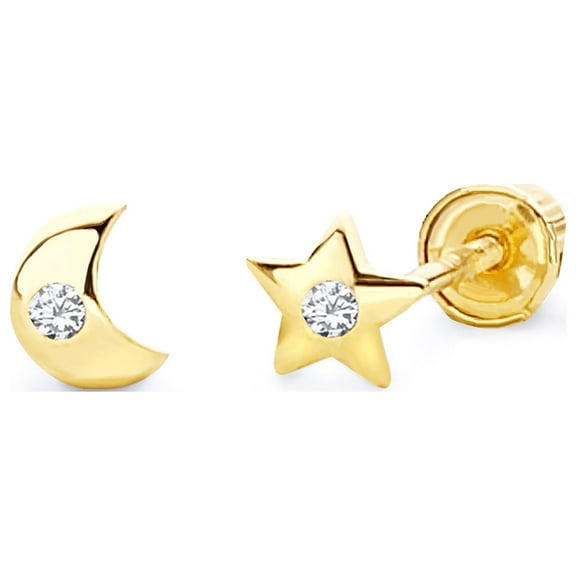 Wellingsale 14K Yellow Gold Polished Moon And Star Stud Earrings With Screw Back
