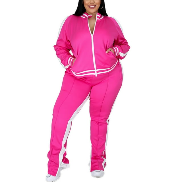 MAWCLOS Women Plus Size Slim Leg Sweatsuits Running Long Sleeve Jacket+Sweatpants Rose Red XXL