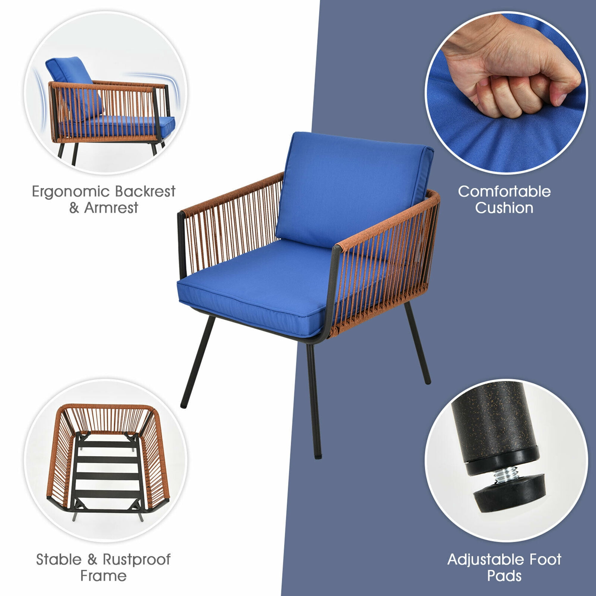 Gymax Blue 3PC Patio Birsto Furniture Set Cushioned Sofa Armrest Coffee Table