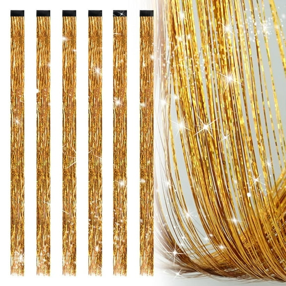 19.7 Inch Clip In Hair Tinsel Fairy Hair Tinsel Kit Clips Clip On Glitter Hair Tinsel Extensions (Gold)