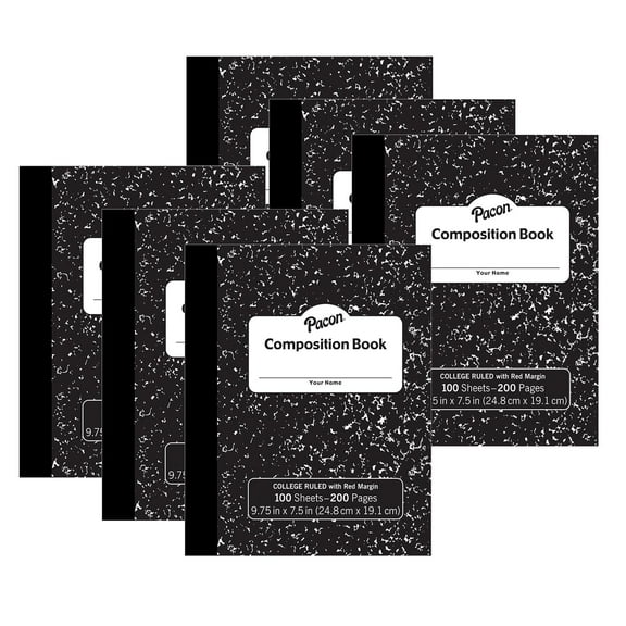 Pacon Composition Book, Black Marble, 9/32" Ruled w/ Margin, 9-3/4" x 7-1/2", 100 Sheets, Pack of 6