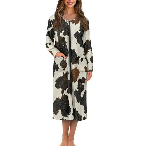 FOR U DESIGNS Cow Print House Dresses for Women Lightweight Long Sleeve Night Shirts Breathable Sleep Dress House Dresses for Women with Pockets, S
