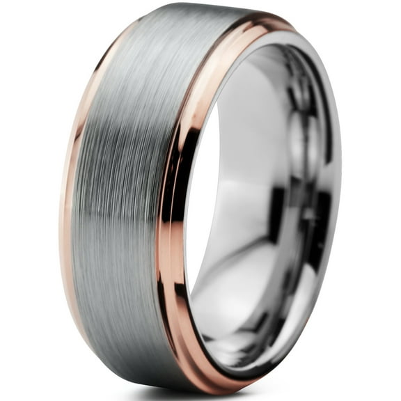 Charming Jewelers Tungsten Wedding Band Ring 8mm for Men Women Comfort Fit 18K Rose Gold Plated Plated Beveled Edge Brushed Polished Lifetime Guarantee Size 4