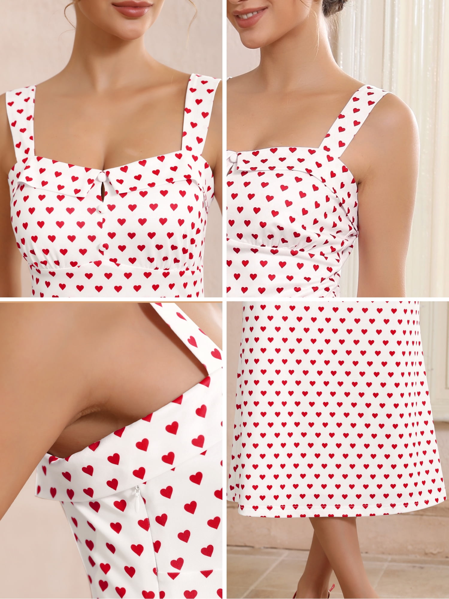 DARING DIVA Women's Heart Dots Sleeveless Square Neck Dress M White