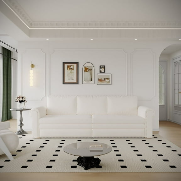 3-in-1 Velvet Convertible Sleeper Sofa with Nailhead Trim & Rolled Arm, 93.7" King Pull Out Sofa Bed for Living Room, Bedroom, Apartment, Office, Beige