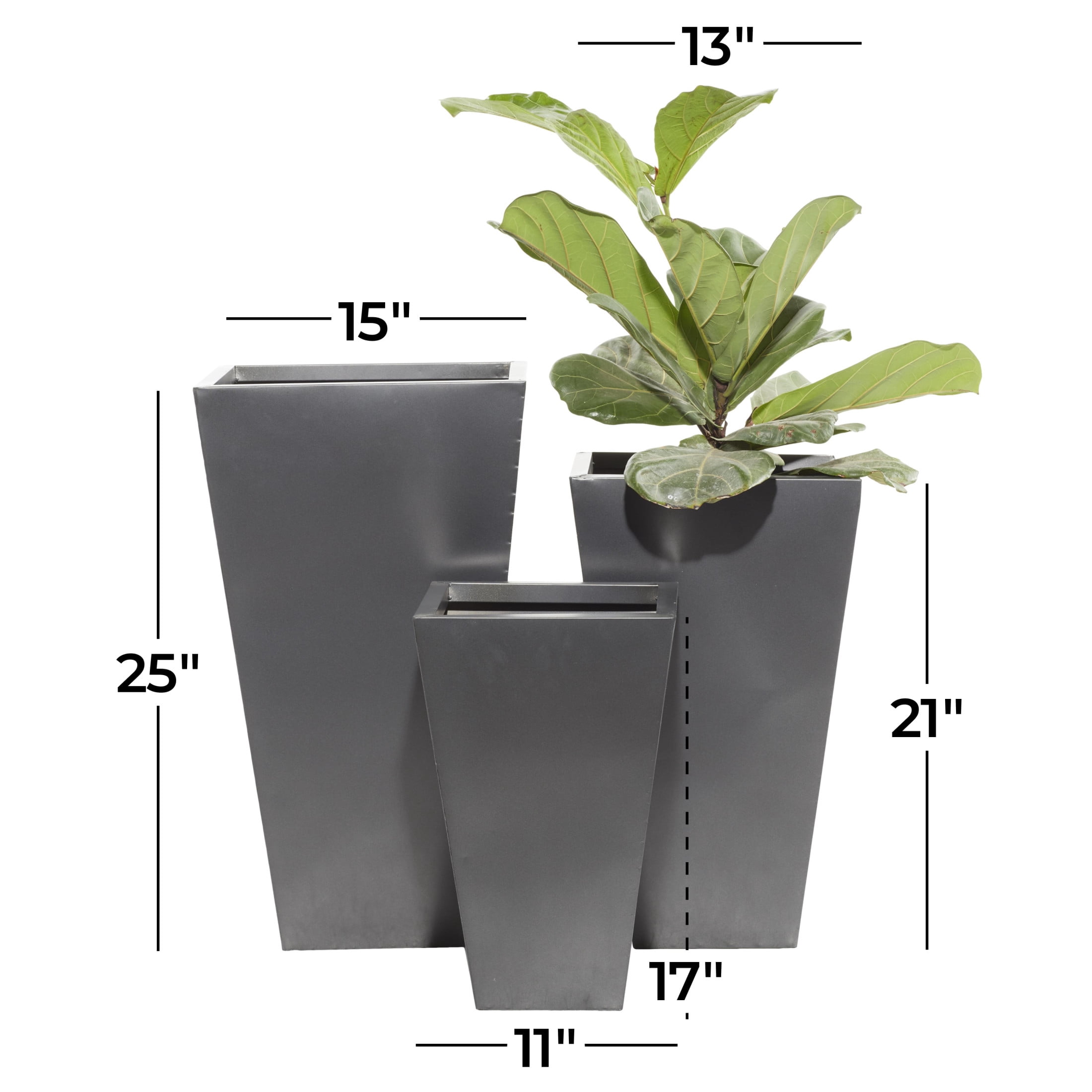 DecMode 17", 21", 25"H Light Weight Dark Gray Metal Geometric Planter with Tapered Base (3 Count)