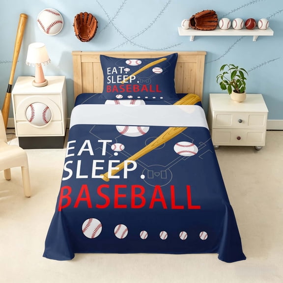 meiyoeat Eat Sleep Baseball Twin Sheet Setsfor Boys Teens, Sport Baseball Bedding, 3pcs, 1 Flat Sheet, 1 Fitted Sheet and 1 Pillowcase