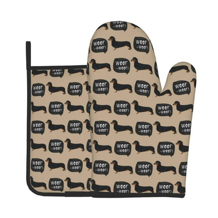 

Tebeau Dachshund Dog Woof Print Oven Mitts and Pan Racks 2-Piece Set Kitchen Oven Mitts and Pan Racks Heat Resistant 500 °F for Baking and Cooking