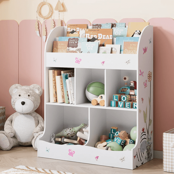 Homfa Kid's Bookshelf, Cute Printed Reading Nook with 2-Tier Display Shelf, 5-Cube White Bookcase for Playroom