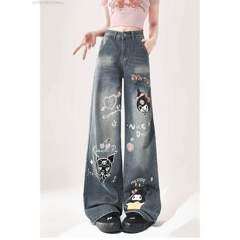 Sanrio Kuromi New Graffiti Jeans For Women High Waisted Wide Sanrio Kuromi New Graffiti Jeans For Women High Waisted Wide