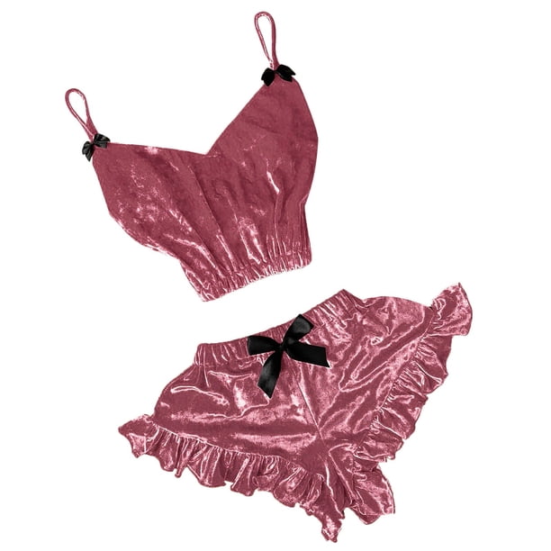 Gibobby Lencería de encaje Conjunto de manchas con cuello en V para mujer, pantalones cortos sexis con , camisola de terciopelo, pijamas íntimos (Rosa, S)