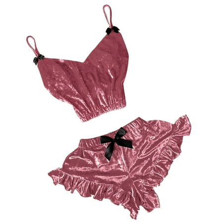 

wendunide pajama set for women Women V-Neck Velvet Stain Camisole Pajamas Bowknot Shorts Set Pink L