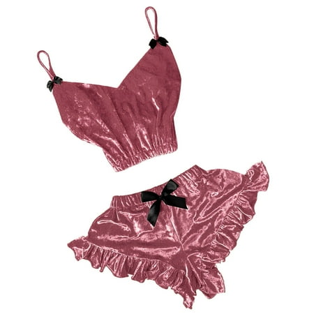 

Qcmgmg Women Loungewear Pajama Sets Velvet Solid Color Pjs Bow Cami Crop Top Shorts Sleepwear Pj Set