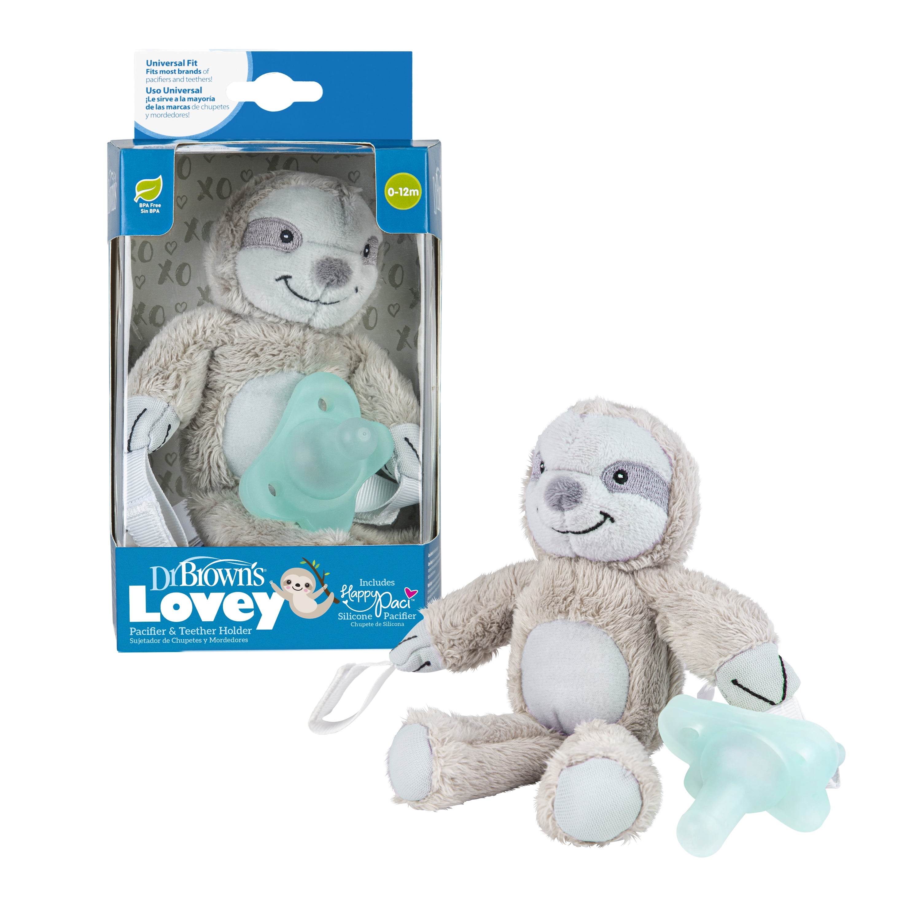 Dr. Brown's Lovey Pacifier and Teether Holder, 06m, Sloth With Blue