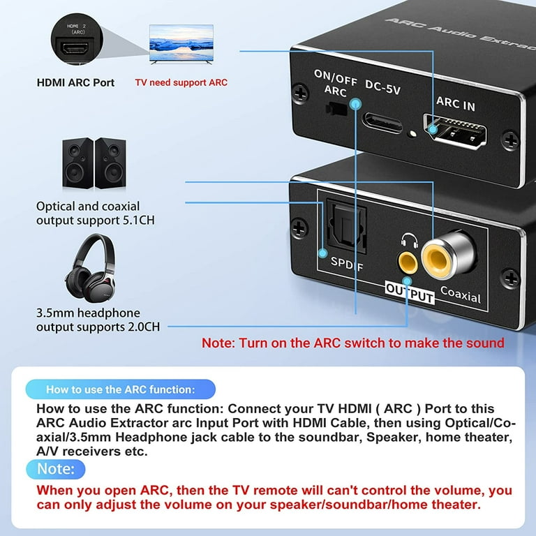 192KHz eARC/ARC Audio Converter, HDMI eARC/ARC Audio Extractor to HDMI,  SPDIF/Optical, L/R or 3.5 mm Jack Stereo, Digital to Analog Audio Converter