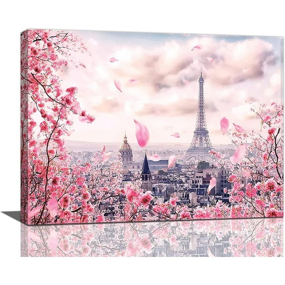 Bathroom Decor Wall Art Pink Cherry Blossom Eiffel Tower Pictures Wall Decor Paris Cityscape Painting Canvas Prints Modern Home Artwork Decor for Girls Room Bedroom Living Room 16"x12"