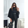 thumbnail image 5 of Women Batwing Sleeve Ponchos Pea Coat Stand Collar Capes Jacket Cloak Elegant Wool Coat with Belt Black S, 5 of 7