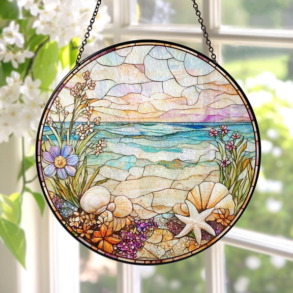 New Beach Stained Glass Suncatcher, Beach Palm Tree Sunset, Starfish Coastal Window Decor, Summer Lover Gift, Bridesmaid Proposal Bridal Gift