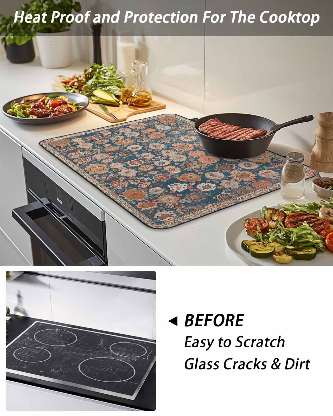 Stove Top Covers for Electric Stove, Blue Glass Stovetop Cover Protector, Ethnic Modern Geometric Abstract Art Induction Cooktop Protector Oven Mat for Kitchen Countertop 24"x21"