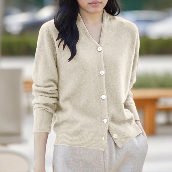ClodeEU Women's V Neck Button Down Long Sleeve Knit Cardigan,Casual Loose Soft Fuzzy Sweater Coat Beige,Women's Plus Free Size