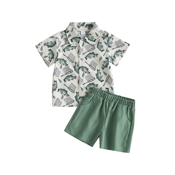 Boiiwant Kids Boys Clothes Shorts Set Fish Print Shirt Short Sleeve Button  Up Lapel Tops Solid Shorts Summer Hawaiian Outfit 2Pcs 1T 2T 3T 4T 5T 6T