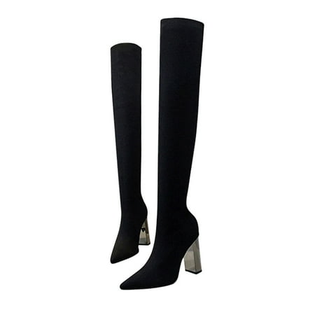 

GENILU Ladies Sock Style Over The Knee Boots Tall Thigh High Boot Work Pointed Toe Shoes Black 8.5