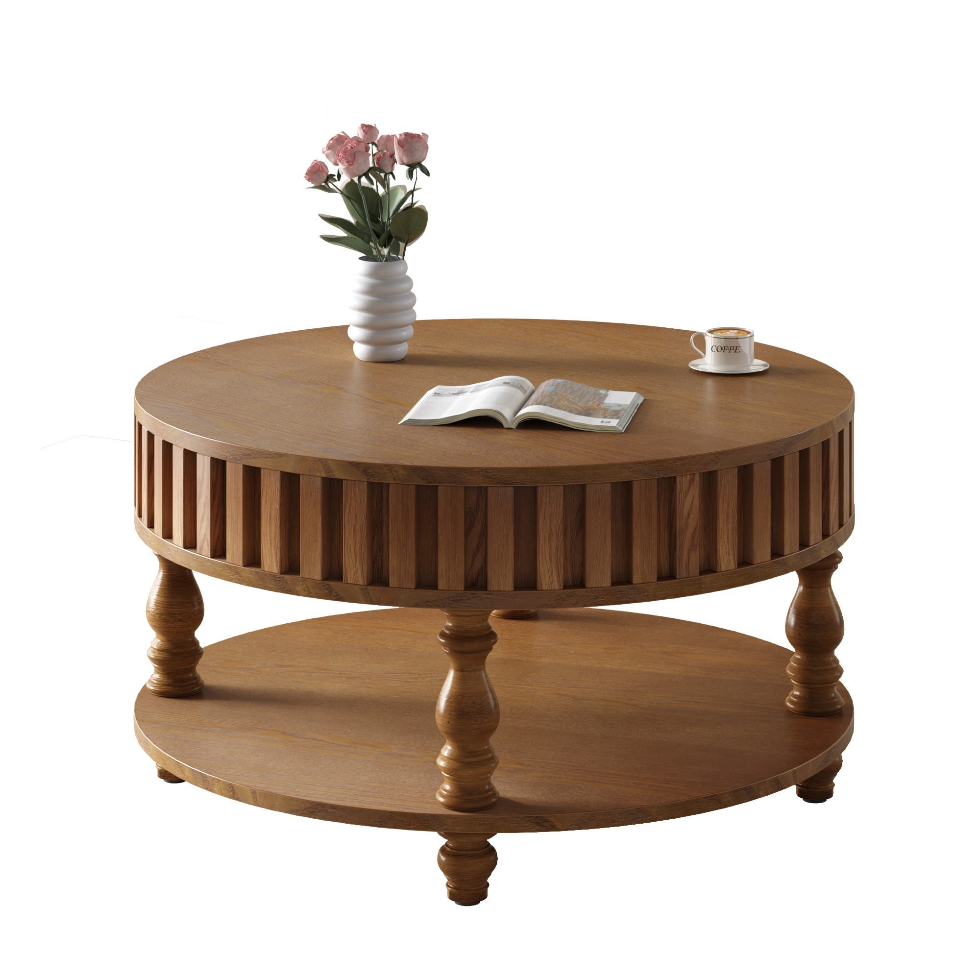 Fluted Coffee Table with Storage, 31.5" Round Coffee Table with Flip Top Lid and Shelf, Mid Century Modern Center Table for Living Room, Walnut