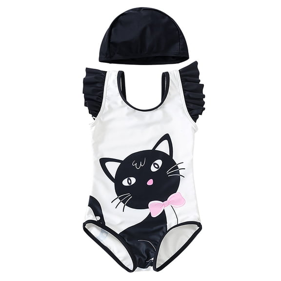 Girls One Piece Swimsuit Kids Cartoon Swimwear Backless Ruffle Bathing Suit with Cap Outfit