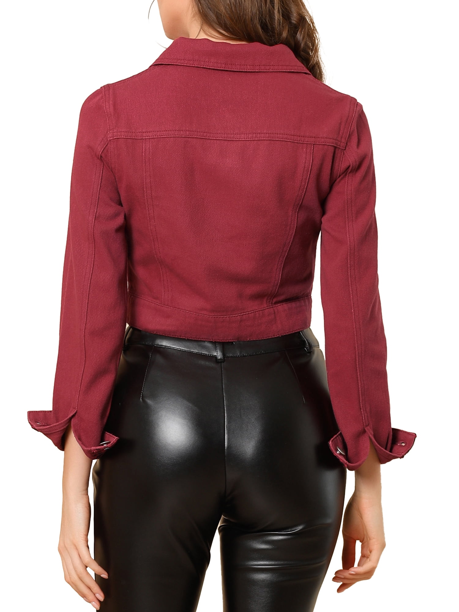 DARING DIVA Women's Button Down Long Sleeve Cropped Denim Jacket L Wine Red