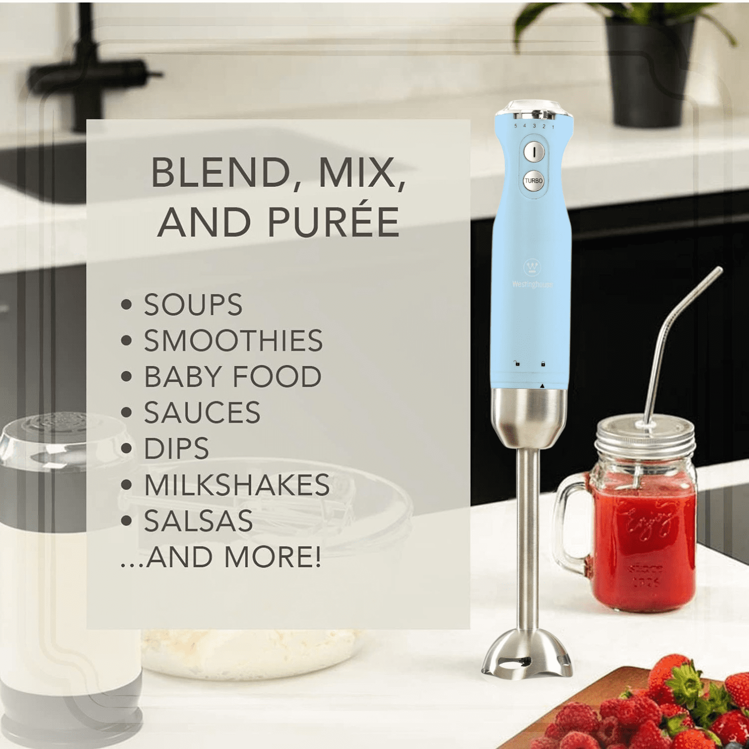 Westinghouse Hand Blender - 5-Speed Immersion Blender with Turbo Function, Stainless Steel Blades & Rod, 500W Power, Detachable Easy Clean Design, Best for Smoothies & Soups - Retro Appliance, Blue