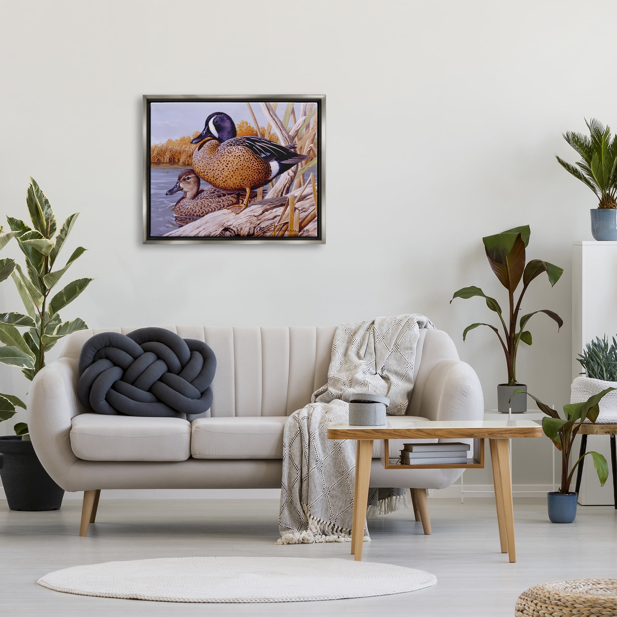 Stupell Industries Ducks at Pond's Edge Animals & Insects Painting Gray Floater Framed Canvas Art Print Wall Art, 31 x 25