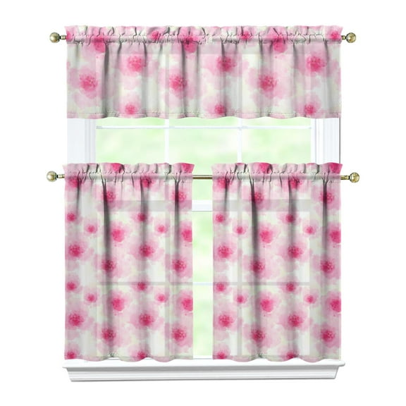 Pioneer Kitchen Curtains and Valance Set 36 Inch Tier Watercolor Pink Sakura Blossom 3 Pieces Set Dining Room Small Curtain Drapes Cafe Curtains Valance for Home Decor Rod Pocket