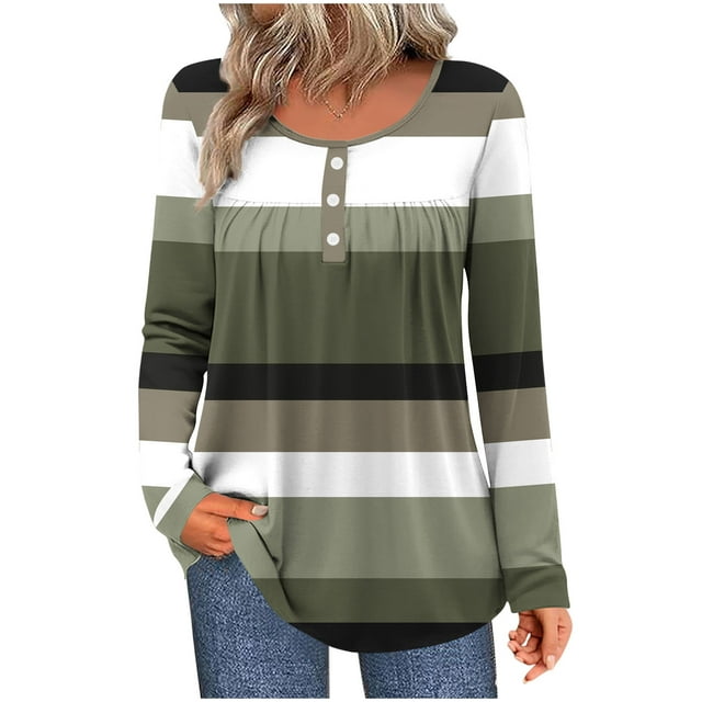 HAiming Womens Color Block Tops Striped Long Sleeve V Neck Button Pleated Casaul Pullover Blouse Trendy Clothes