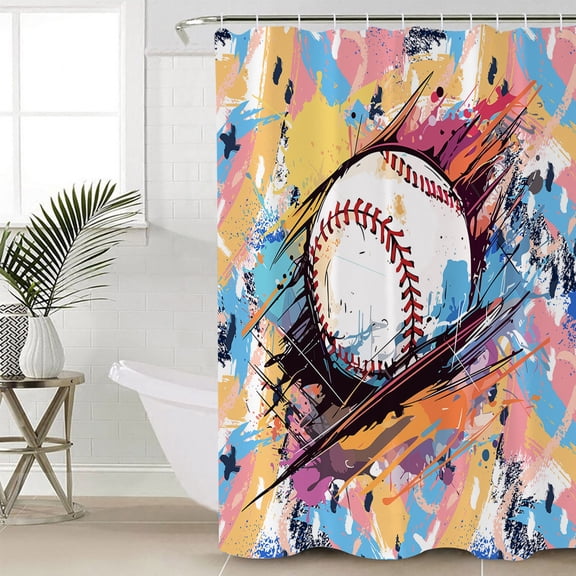 Baseball Sports, Small Stall Shower Curtain, Waterproof Shower Curtains for Bathroom, Minimalist Geometric Smear Art Washable Fabric Cloth Bath Curtain for Bathtub Decoration with Hooks 36x78 Inches