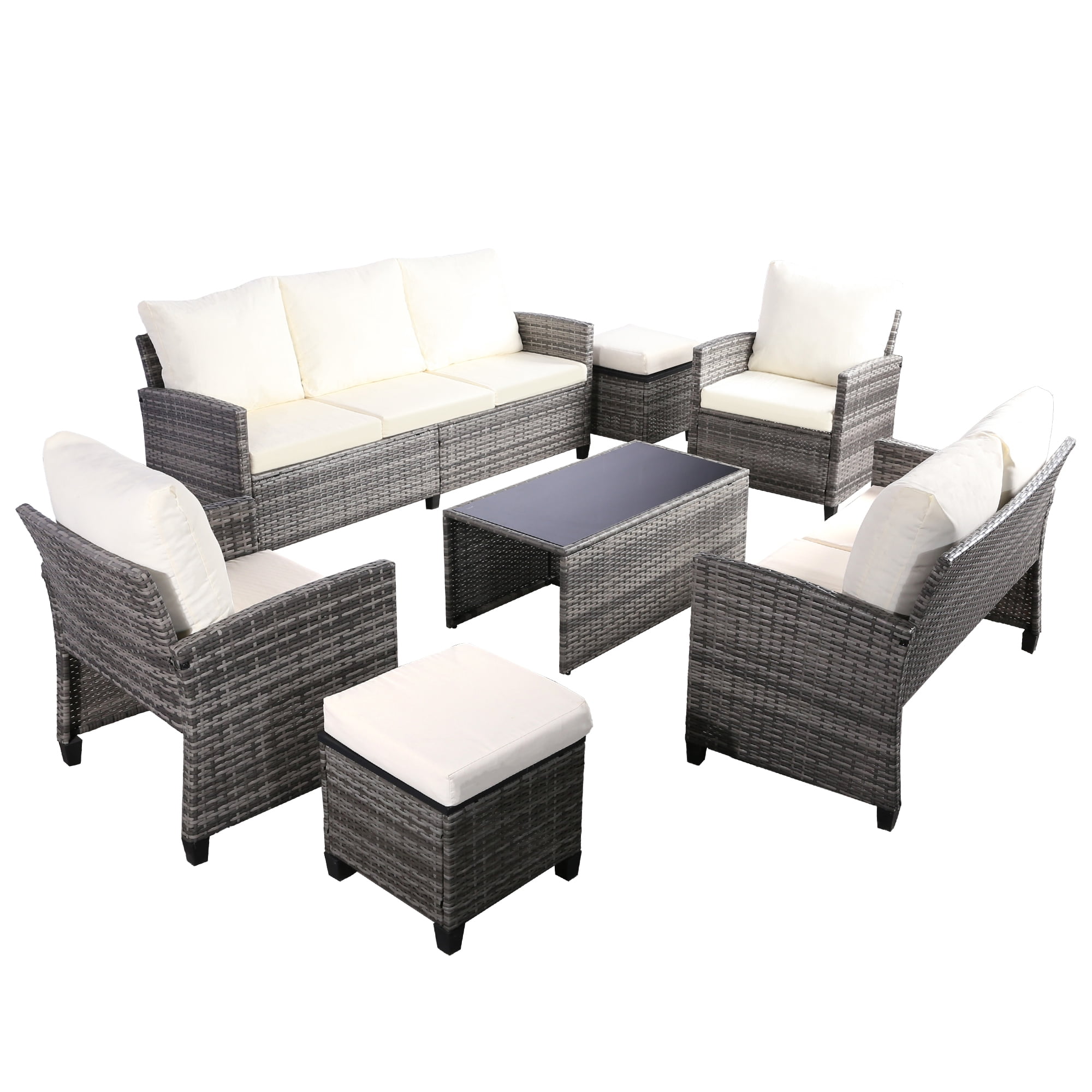 Outdoor Patio Furniture Sets Wicker Conversation Set PE Rattan Sectional Sofa Couch with Ottomans, and Coffee Table for Backyard, Porch and Garden(gray&Beige)