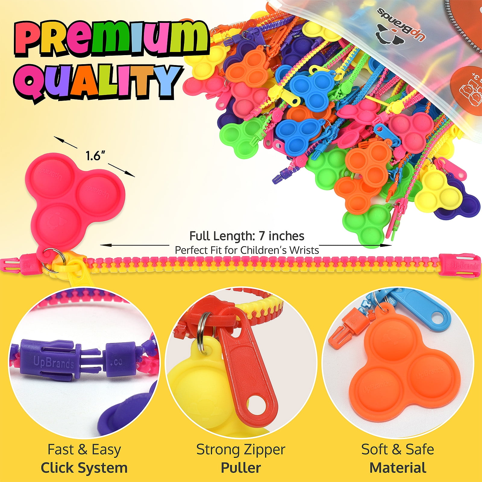 UpBrands 48 Upgraded Pop-It Zipper Bracelets For Kids, ADHD Fidget Toys, Fidgets For Kids, Anxiety Relief Fidget Toys, Kit For Halloween Trinkets