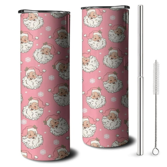 20oz Pink Christmas Santa Pattern Skinny Tumblers Stainless Steel Tumbler with Lid and Straw,Vacuum Insulated Double Wall Travel Tumbler Cups with Cleaning Brush for Coffee,Tea