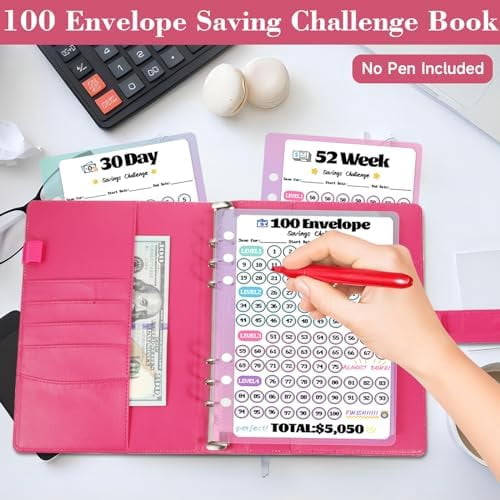 2 Pack 100 Envelopes Money Saving Challenge, Cash Budget Planner A5 Binder, Savings Challenges Book Organizer Folder, with 3 Tracker to Save $5,050 and $2,600, $300, 100 Pre-numbered Pockets, Red