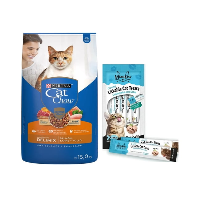 Cat Chow Delimiix Defense Plus 15 kg + MIAUKISS LICKABLE ATUN 4 PACK 56GR