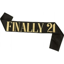 1 pcs Birthday Sash Black Satin Finally 21 Sash with Gold Glitter Lettering Party Favors, Supplies and Decorations