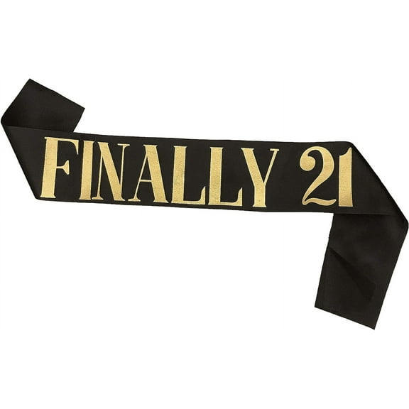 1 pcs Birthday Sash Black Satin Finally 21 Sash with Gold Glitter Lettering Party Favors, Supplies and Decorations