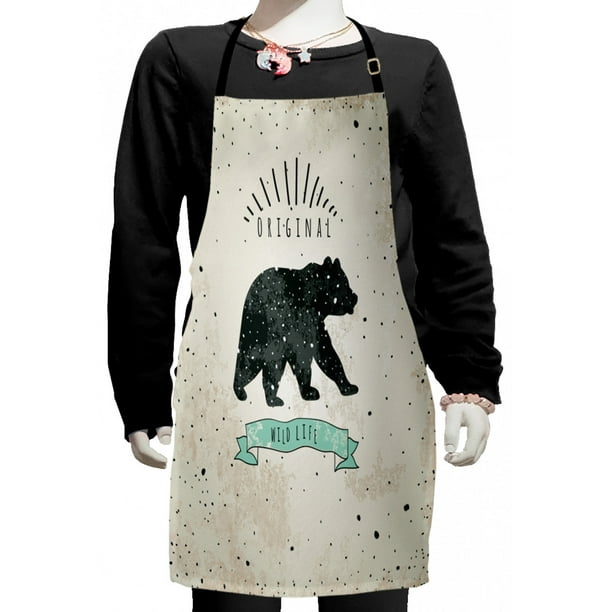 Bear Kids Apron, Vintage Wildlife Theme Random Dots Predator Paws