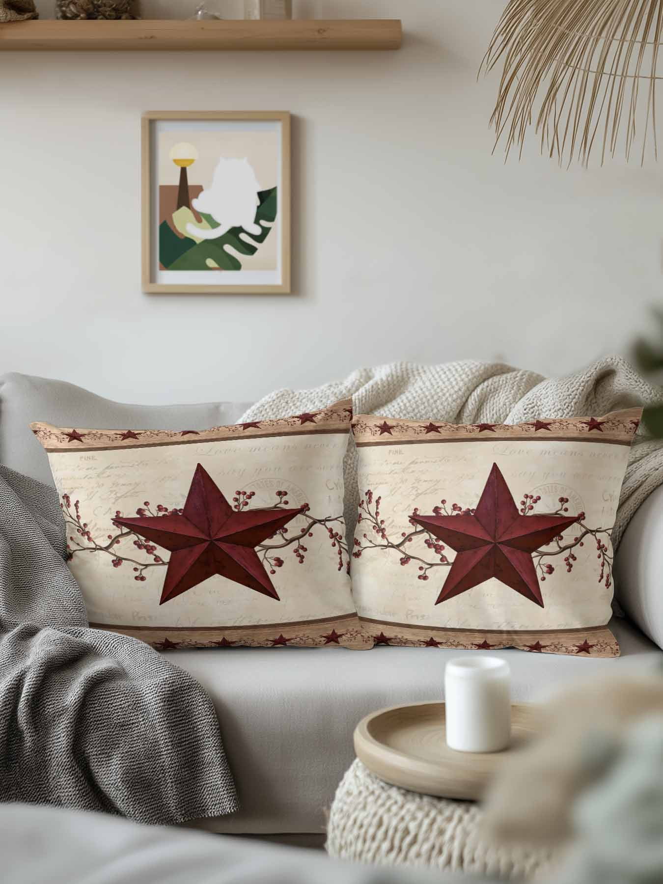Outdoor Pillows Waterproof, Red Texas Star Rustic Bedding Throw Pillows with Insert for Couch Sofa Bed, Farmhouse Berry Brown Wooden 18x18 Inch Pillowcases Decorative Camping Patio Pillow Set of 2