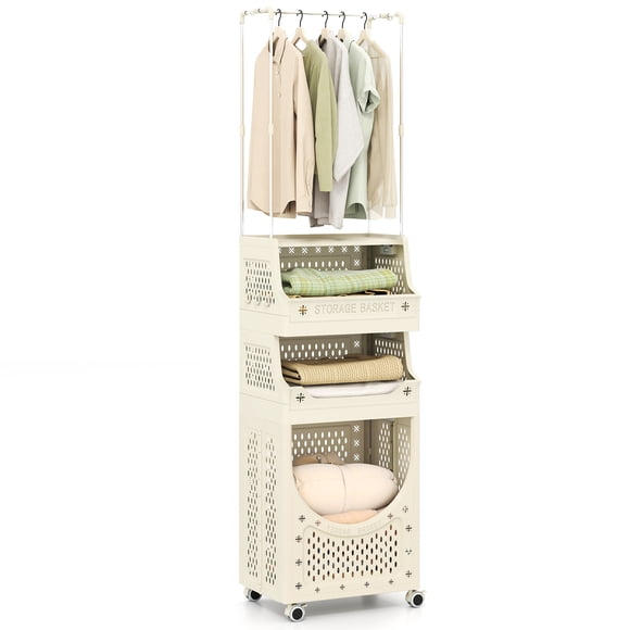 Gymax 4-Tier Laundry Cart w/ Hanging Bar Folding Laundry Hamper w/ Lockable Wheels