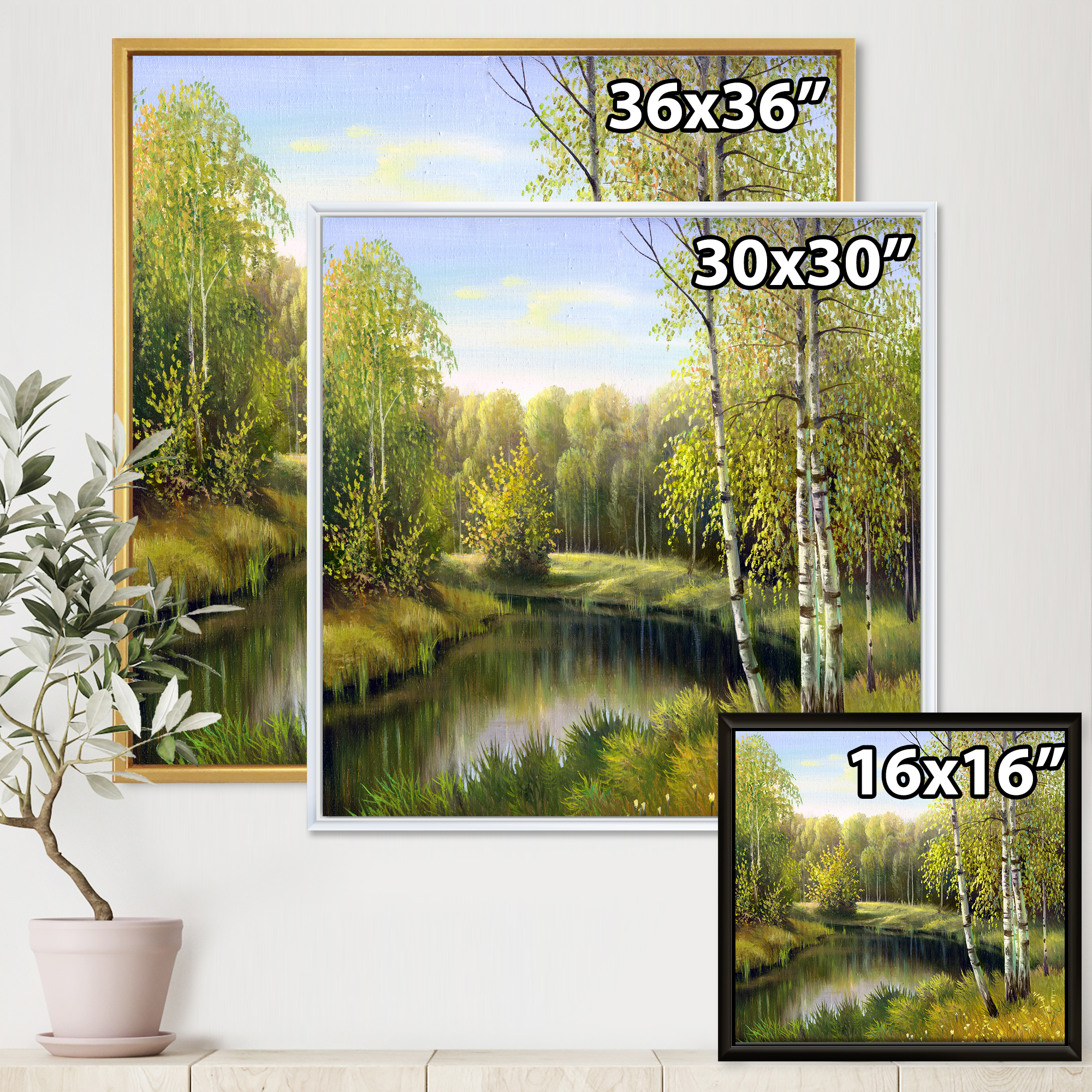Designart 'The River In Silent Green Nature Through Birches' Traditional Framed Canvas Wall Art Print