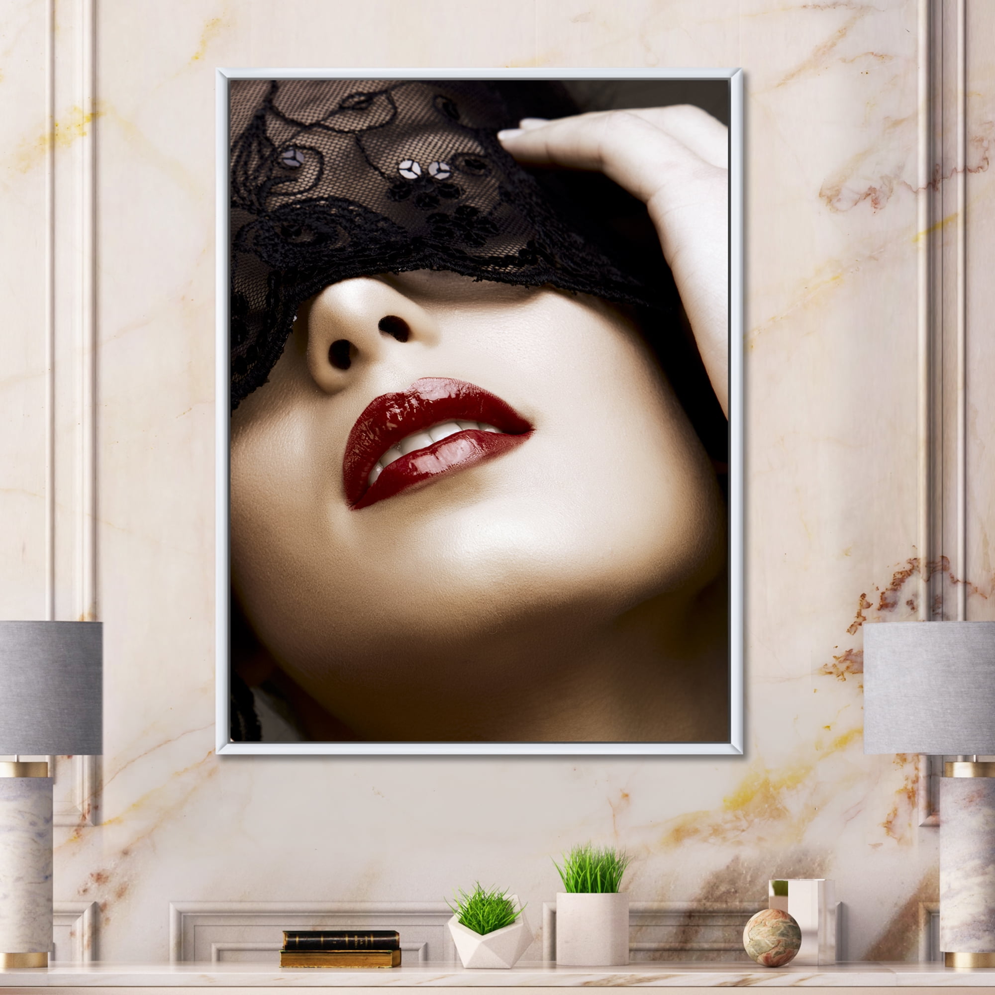 Designart 'Portrait Of Modern Girl With Mask' Modern Framed Canvas Wall Art Print