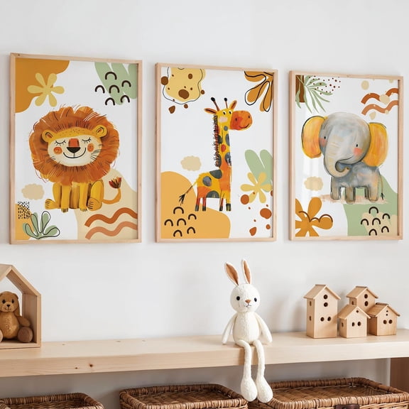 Safari Animal Nursery Lion Giraffe Elephant Jungle Themed Baby Room Decor Neutral Boho Room Playroom Animal Art Set 3 Unframed Paper Print 8x12