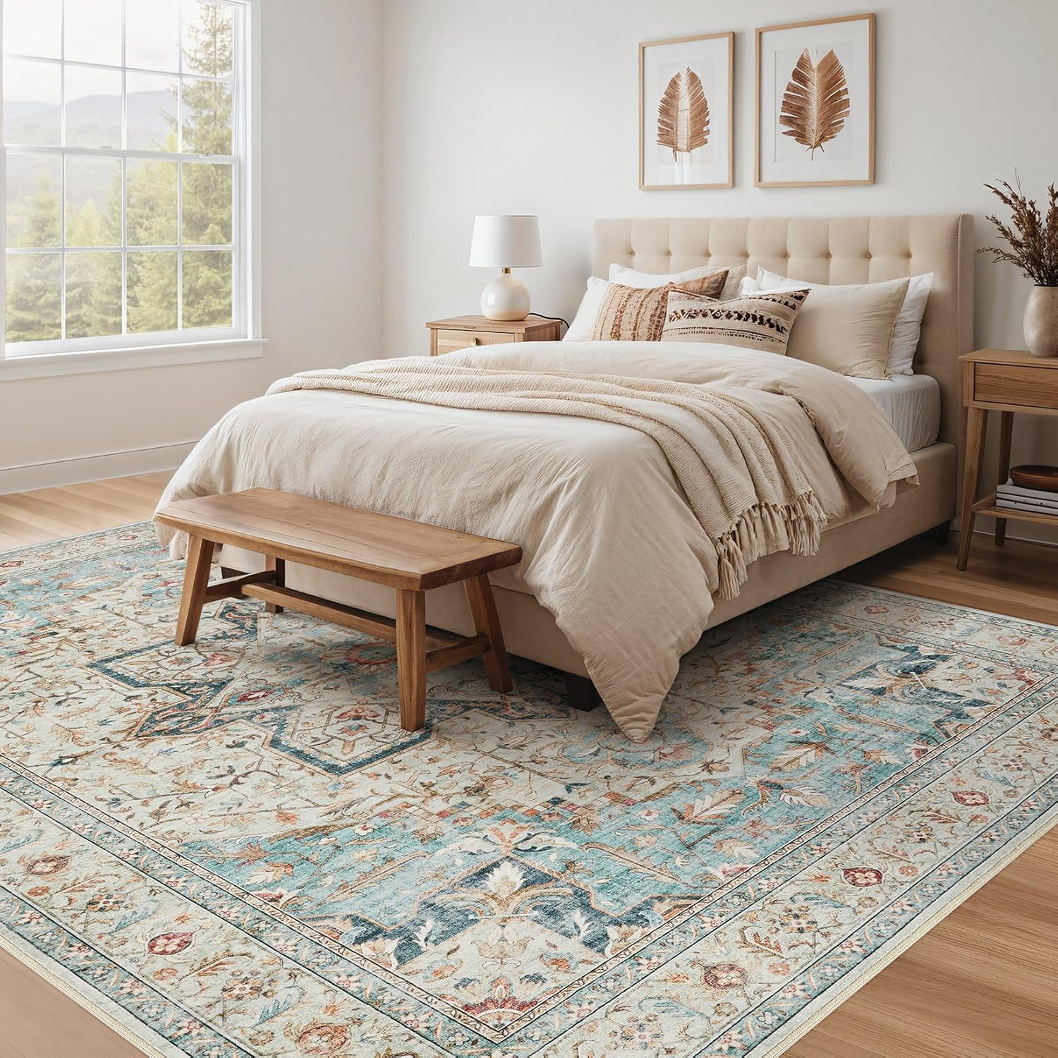 Toyoso 10x14 Area Rug Living Room Rugs - Washable Boho Rug Vintage Oriental Distressed Farmhouse Large Thin Indoor Carpet for Living Room Bedroom Under Dining Table Home Office - Aqua Multi