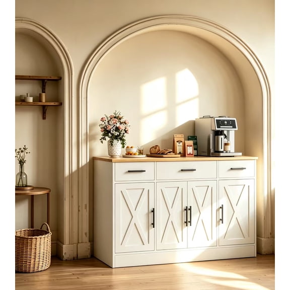 Walsunny 53.4" Sideboards Buffets Cabinet Table with 3 Drawers 4 Doors Adjustable Shelf Farmhouse Coffee Bar Cabinet with Storage for Kitchen Living Room Dining Room White