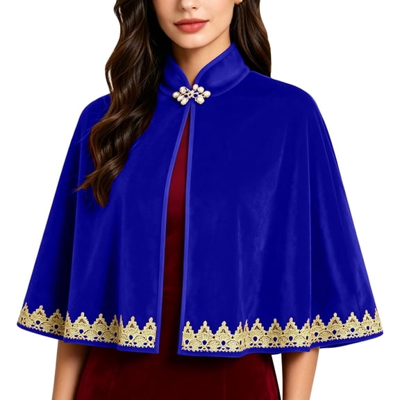 LEKWK Renaissance Cape for Women Vintage Short Cloak with Gold Lace Trim Elegant Clasp Closure Velvet Shawl Wrap Accessory for Halloween Cosplay Theme Party